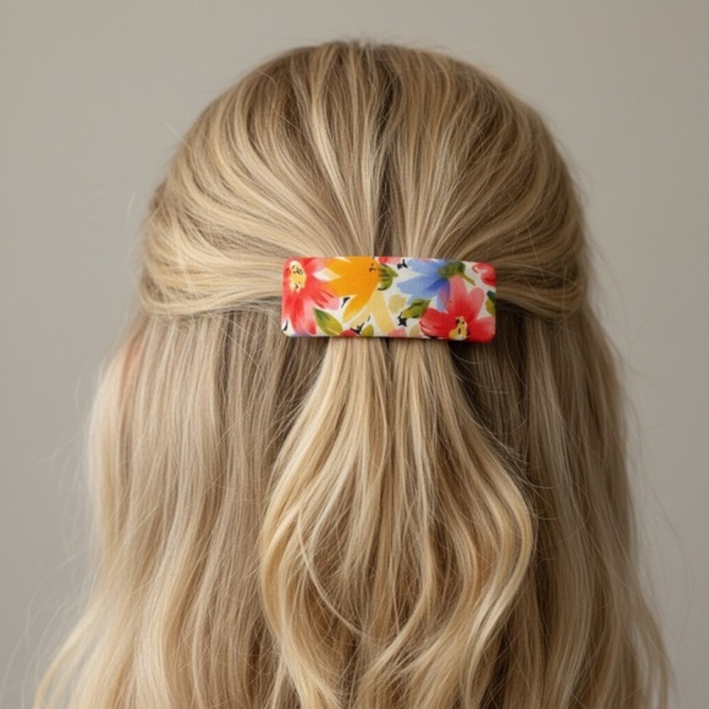 Vintage 90s Floral Cloth Covered Hair 4"Clip Barrette with Multicolored Flowers